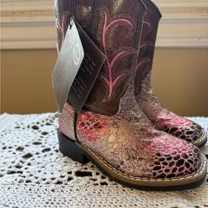 Old West Kids Boots with Pink and Brown Pattern